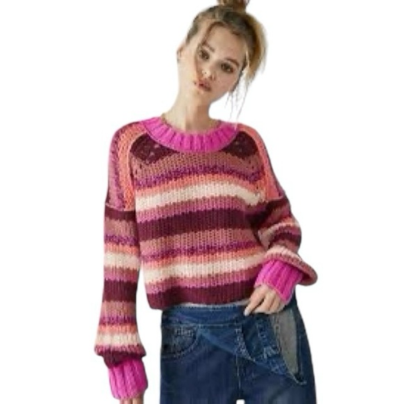 Free People Sweaters - Free People Devon Cropped Knit Striped Sweater in Fuchsia Rose, Sz Sm